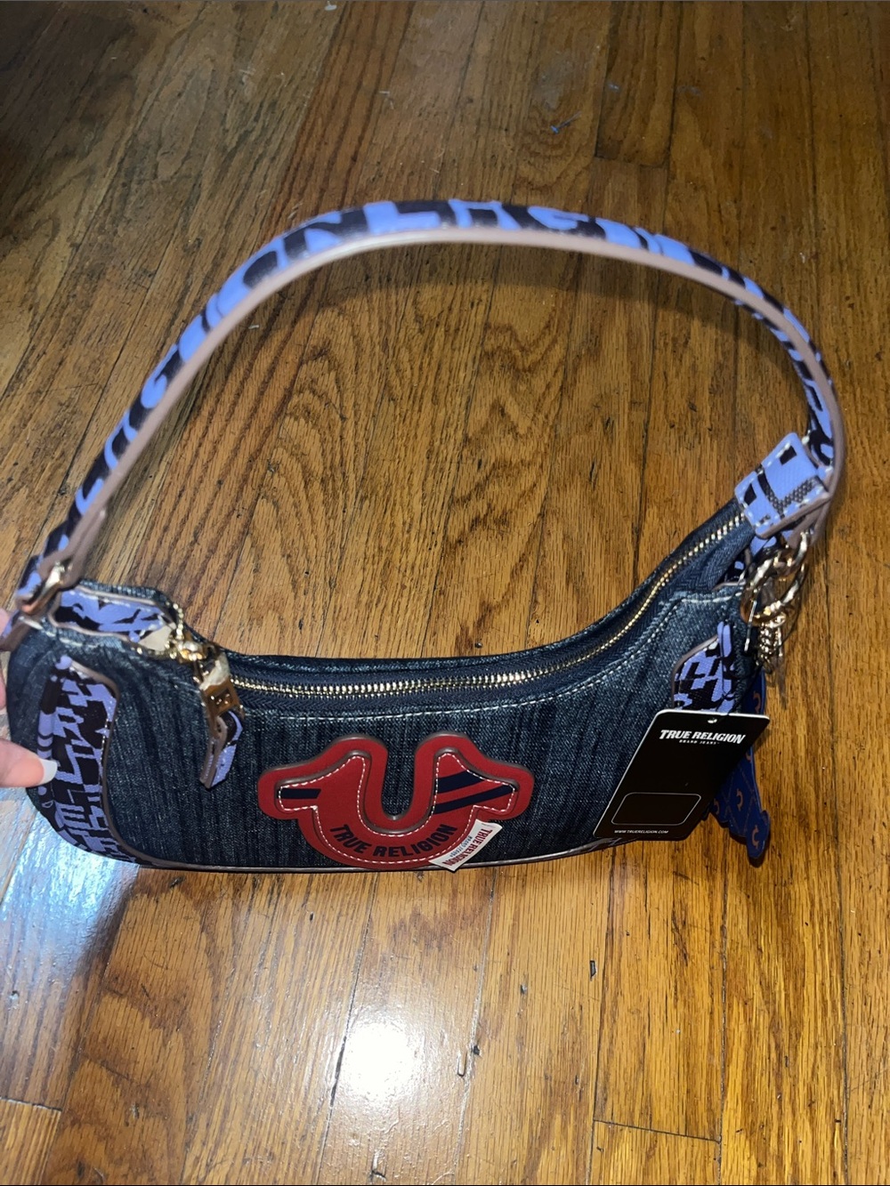 NWT True Religion Denim Shoulder Bag with Red Crest and Two Charms - Picture 12 of 14